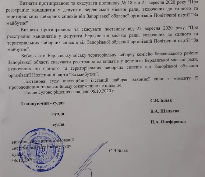 Политическая партия «За майбутнє» снята с предвыборной гонк..., фото-1 Политическая партия «За майбутнє» снята с предвыборной гонки в Бердянске, фото-1